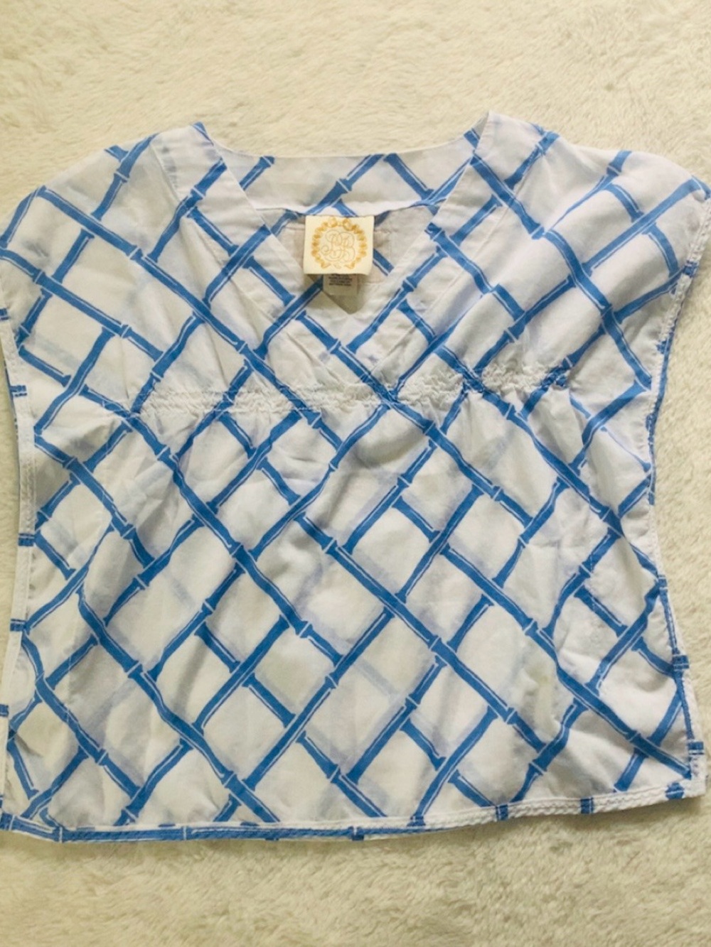 The Beaufort Bonnet Company Girls' White Coverup with Light Blue Lattice Print